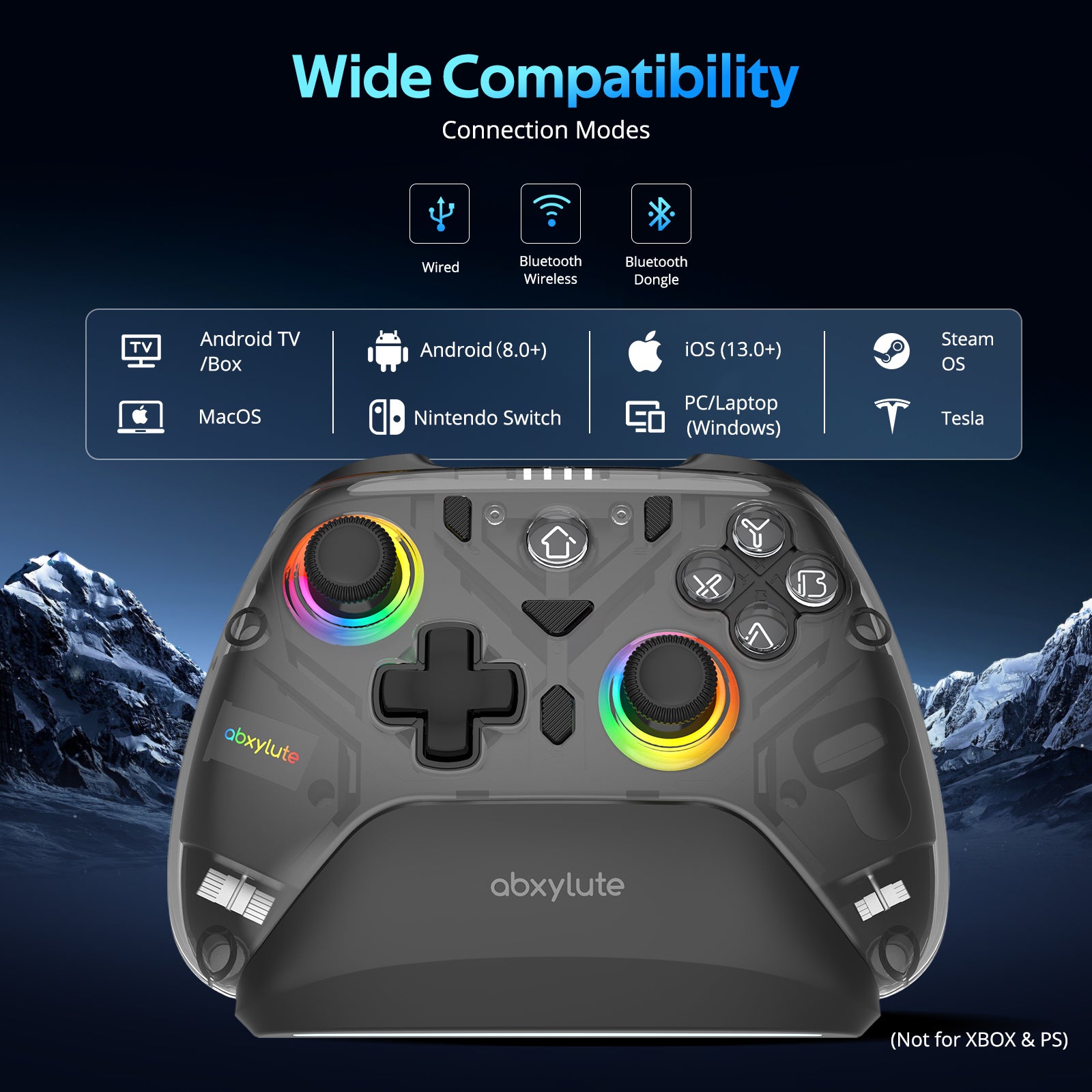 abxylute C8 Wireless PC Controller, Bluetooth, Hall Effect Joystick, Charging Dock with RGB Lighting