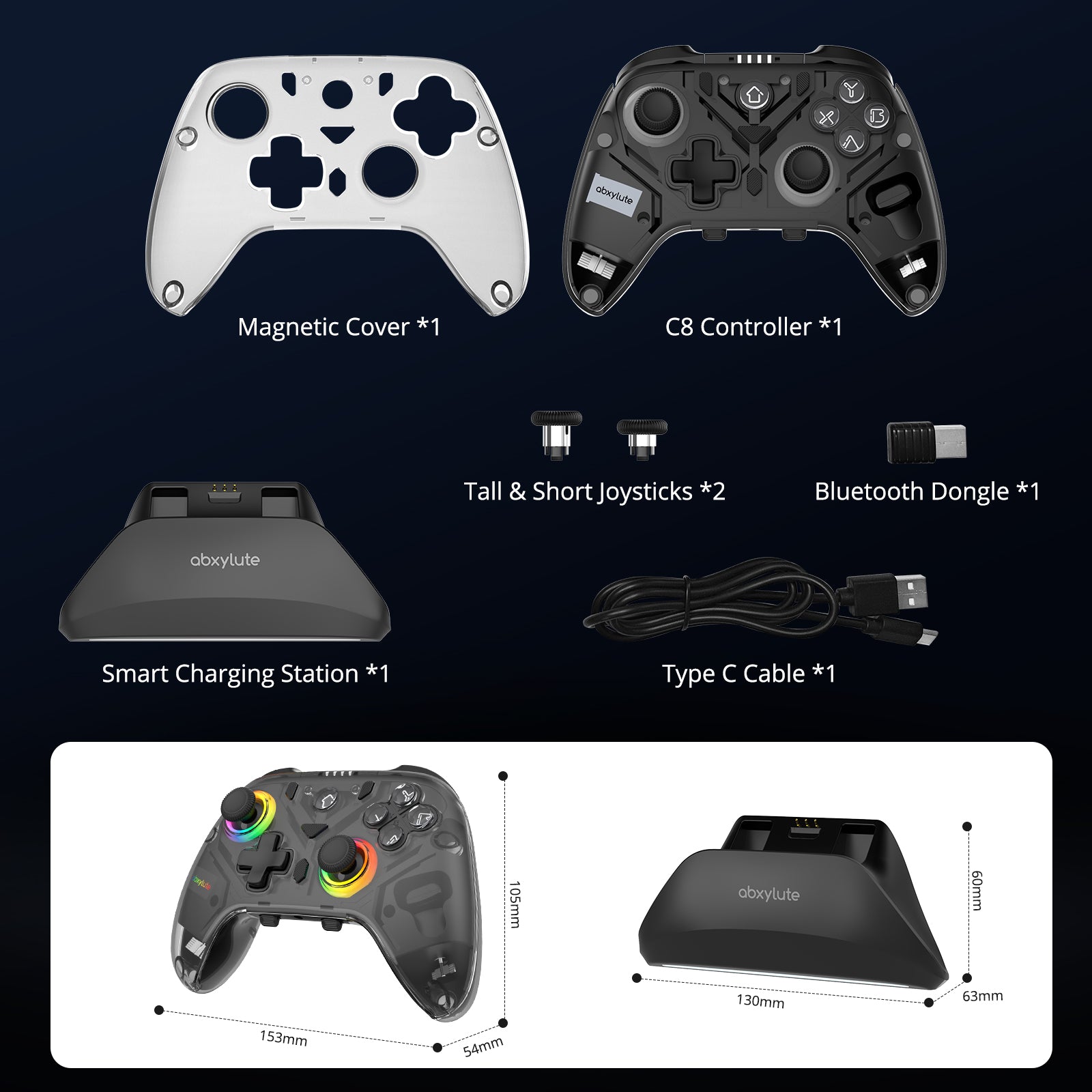 abxylute C8 Wireless PC Controller, Bluetooth, Hall Effect Joystick, Charging Dock with RGB Lighting